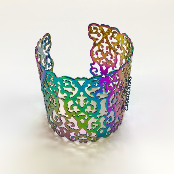 New Hollowed Out Scroll Metal Oil Slick Holographic Cuff Bracelet - Picture 4 of 16